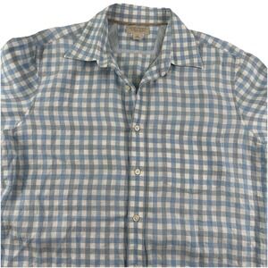 Banana Republic 100% Linen Shirt Men Medium White Blue Gingham Plaid Long Sleeve